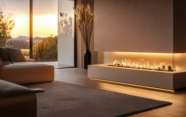 A sleek modern bioethanol fireplace with a minimalist glass design, placed in a cozy living room with warm ambient lighting
