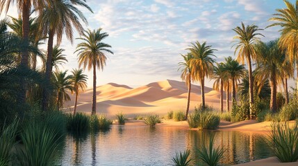 Fototapeta premium A serene oasis landscape featuring palm trees and sand dunes.