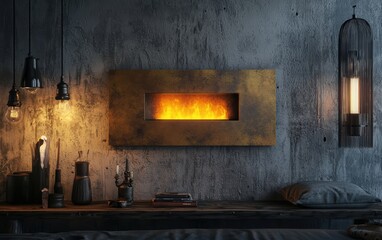 Obraz premium A bio fireplace mounted on a concrete wall, surrounded by industrial-style dÃ?cor with warm lighting