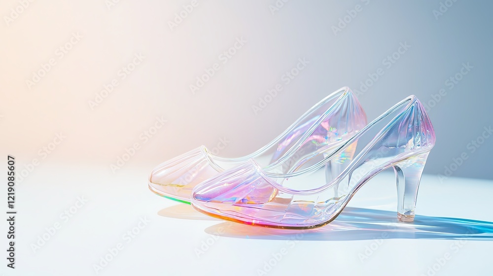 Poster elegant pair of glass slippers with iridescent finish neatly displayed on clean surface against soft