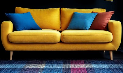 Mustard Yellow Sofa with Blue and Red Pillows: A Modern Interior Design