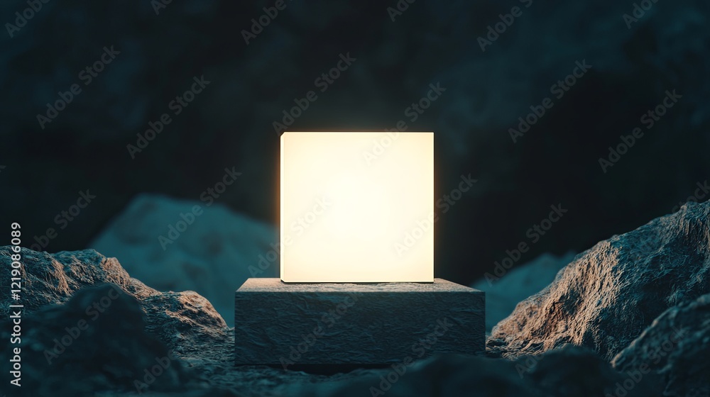 Poster enigmatic box radiates glowing light in mysterious dark setting surrounded by rough rocks