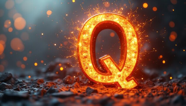 A stunning, illuminated letter Q radiates warmth and energy, surrounded by a shower of sparkling particles. This captivating image evokes a sense of excitement and creativity, perfect for branding or