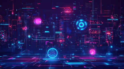 A futuristic city skyline filled with holographic displays and tech devices.