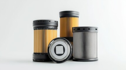A close-up of an engine oil filter, fuel filter, and air filter on a white isolated background