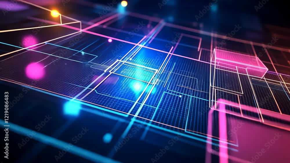 Poster Dive into the mesmerizing world of digital art with this video, showcasing a dynamic interplay of vibrant colors and geometric grid patterns. Experience a kaleidoscope of light and innovation.