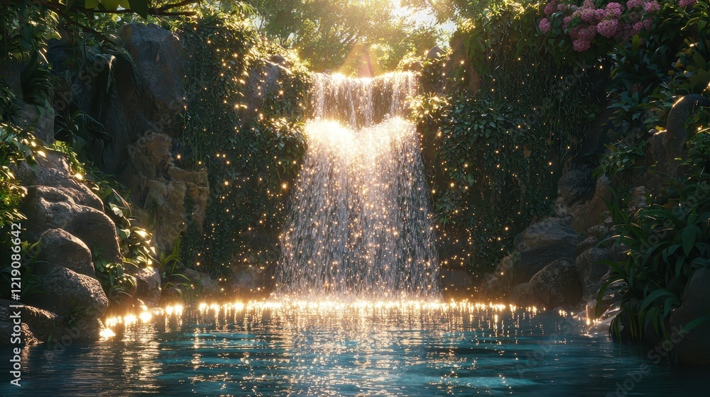 Poster serene cascading waterfall surrounded by lush greenery and sparkling light in a tranquil natural set