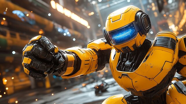Yellow Robot Preparing For Combat In Futuristic City