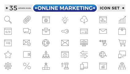 Online marketing and SEO outline icons set. Marketing & Search Engine Optimization outline icons collection. Website, search, mail, analysis, content, strategy. Editable stroke outline icon. 