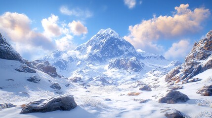 A serene mountain landscape with snow-covered peaks and rocky terrain under a blue sky with fluffy clouds.