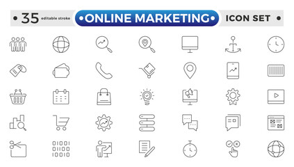 Online marketing and SEO outline icons set. Marketing & Search Engine Optimization outline icons collection. Website, search, mail, analysis, content, strategy. Editable stroke outline icon. 