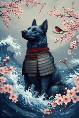 A portrait of a dog wearing a scarf, gazing out at a snowy landscape.