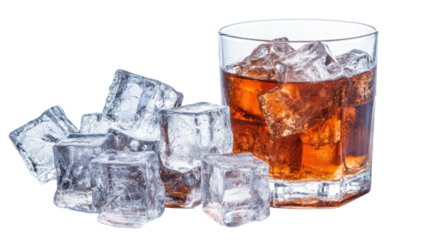 A glass of whiskey with ice cubes, perfect for a refreshing beverage experience. transparent background