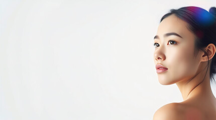 Naklejka premium pretty young woman in front of minimalist white studio that provides clean and versatile conditions for various creative projects and allows the subject to stand out against the laconic background