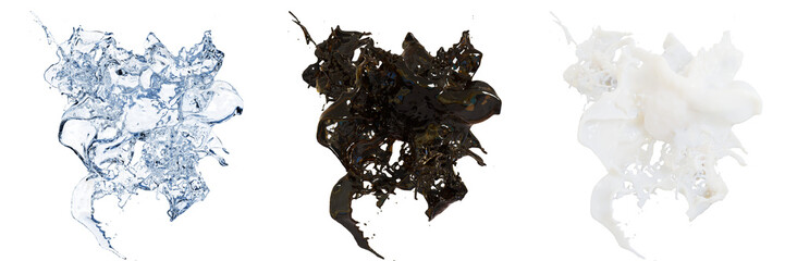 water splash on transparent background, water, coffee, and milk