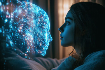 A woman interacting with a glowing holographic face made of blue light in a dimly lit room.