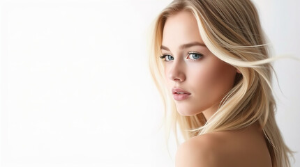 Naklejka premium pretty young woman in front of minimalist white studio that provides clean and versatile conditions for various creative projects and allows the subject to stand out against the laconic background