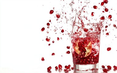 A refreshing burst of pomegranate juice with flying pomegranate seeds, frozen in motion against a pure white background