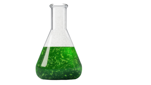 A laboratory flask containing vibrant green liquid with sparkling bubbles. transparent background
