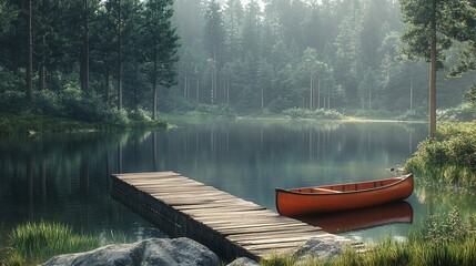 A serene lake scene with a wooden dock and an orange canoe or kayak.