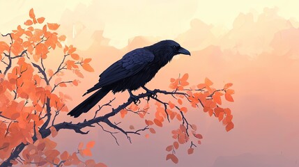 Fototapeta premium A Raven Perched Elegantly on a Branch Against a Softly Colored Autumn Sky