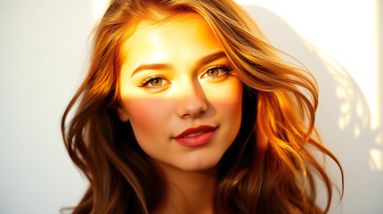 Fototapeta premium pretty young woman in front of minimalist white studio that provides clean and versatile conditions for various creative projects and allows the subject to stand out against the laconic background