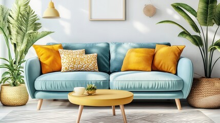 A Teal Couch Sits In A Sunlit Room, Adorned With Yellow Pillows And Plants. A Yellow Side Table Holds A Coffee Cup And Succulent.