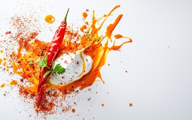 A spicy curry dish on a plate, with coconut milk and red chili splashes adding drama on a pure white background
