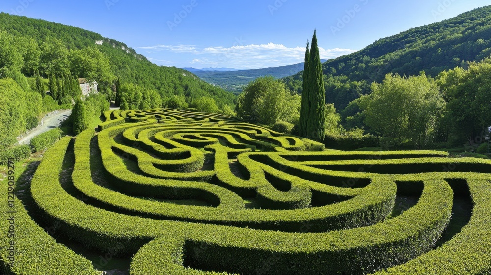 Poster a hillside tea plantation with neatly trimmed bushes creating an intricate pattern.
