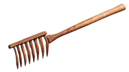 A rustic wooden rake designed for gardening and outdoor maintenance. transparent background