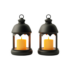 3D rendering of two Ramadan lanterns with candles on a transparent background. Ai generative