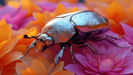 Fototapeta premium A close-up image of a metallic beetle resting on a flower with orange petals. The intricate details of the beetle and the vibrant colors of the flower create a striking and captivating visual.