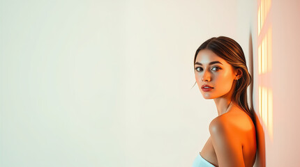 Fototapeta premium pretty young woman in front of minimalist white studio that provides clean and versatile conditions for various creative projects and allows the subject to stand out against the laconic background