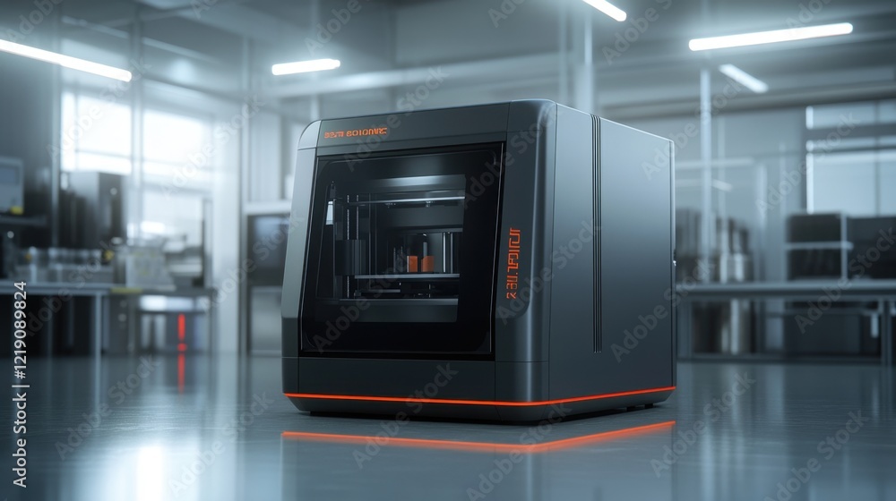 Poster a large industrial d printer creating a prototype part in a brightly lit lab.