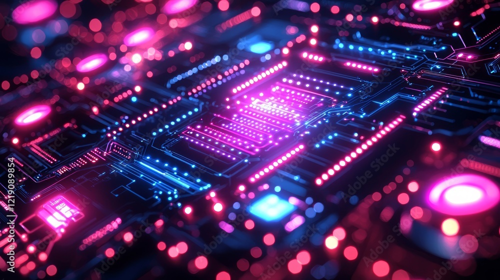 Poster glowing circuit board, technology, data processing, digital network, abstract background, tech illus