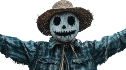 A spooky scarecrow standing with arms wide open in a lush farm setting. transparent background
