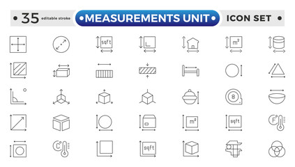 Measurement outline icons set with Measure, Area, Dimension, Distance, Diameter, Meter, Width, Radius, Length, weight, and volume. Contains such icons as ruler, m2. Editable stroke outline icon. 