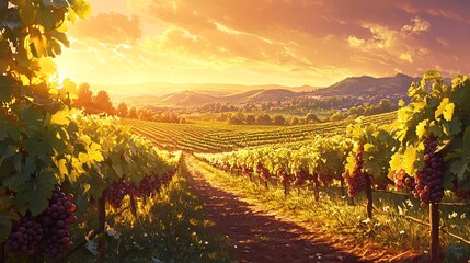 Fototapeta premium A serene landscape of rolling hills and lush greenery dotted with grapevines and wildflowers under a warm golden sunset.