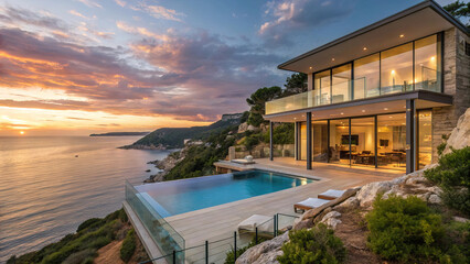 modern luxury villa with elegant swimming pool with panoramic views of sun-drenched azure sea coast