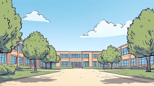  A hand-drawn illustration of the front view of school buildings with trees and bushes in a comic style.