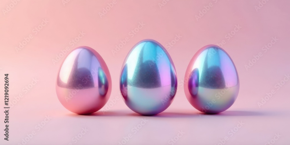 Aufkleber three iridescent eggs arranged in a row on a pale pink background, showcasing their vibrant pearlesc