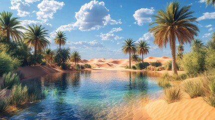 Fototapeta premium A serene oasis with palm trees and sand dunes in the background.