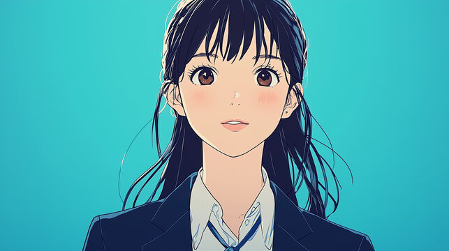 Professional young woman with long dark hair in a navy blue blazer over a white blouse, standing confidently against a bright turquoise background. Modern and approachable character illustration.