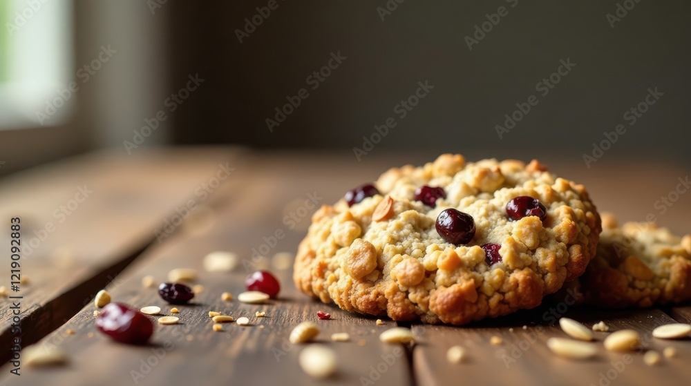 Poster Scrumptious Crumble Cookies with Sweet Berries and Toasted Nuts on Rustic Wooden Table