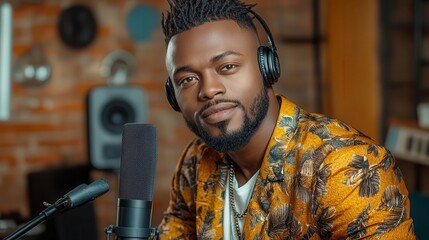 Confident man engaging with music and technology.