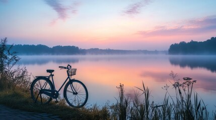 Fototapeta premium Serene Sunrise: Bicycle by Misty Lake