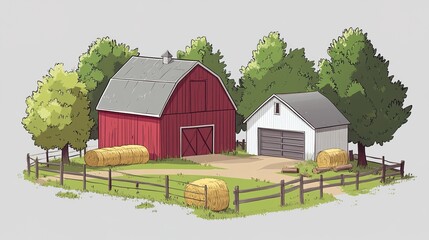 A simple, minimalistic cartoon-style illustration of a red barn surrounded by trees and a small yard with bales in the background. 