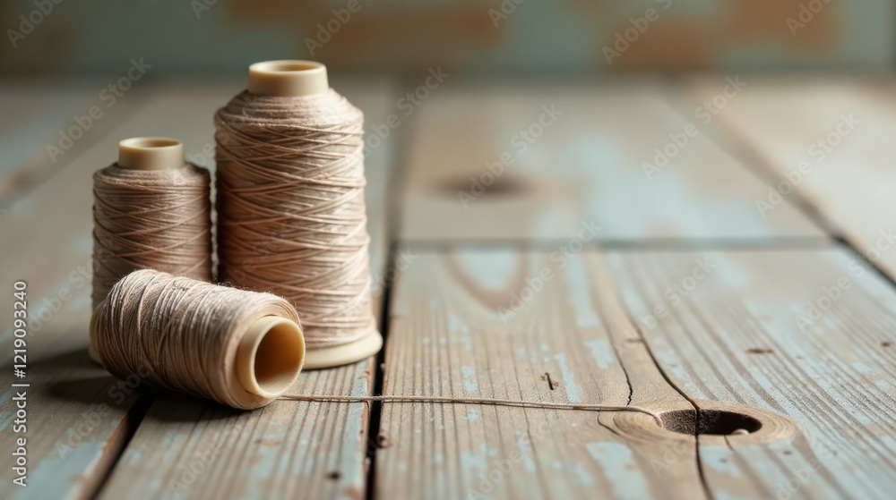 Aufkleber a closeup of beige thread spools on a rustic wooden surface, showcasing natural textures and subtle 