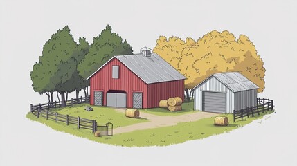 A simple, minimalistic cartoon-style illustration of a red barn surrounded by trees and a small yard with bales in the background. 