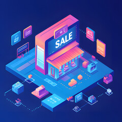 Digital representation of a vibrant store front promoting a sale with colorful graphical elements and modern design features